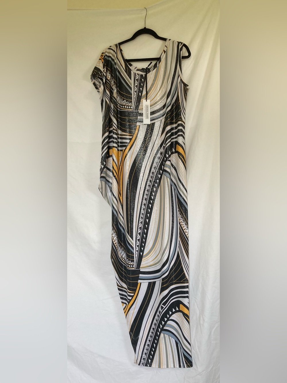Synthia Psarru Asymmetrical Maxi Dress in Black, White & Gold
